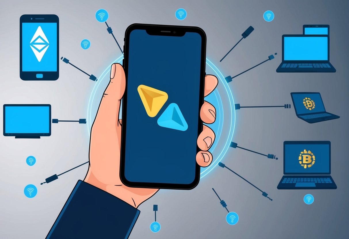 A hand holding a smartphone with a DePINed Airdrop logo, surrounded by various electronic devices connecting wirelessly