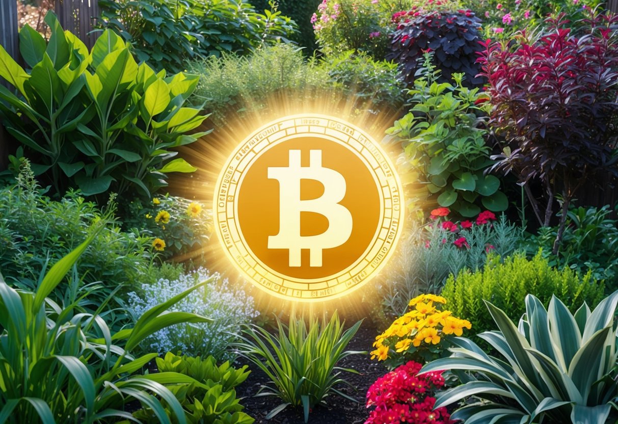 A garden with a variety of lush plants and flowers, surrounded by a glowing aura