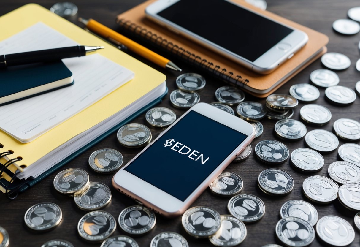 A pile of essential items, including a notebook, pen, and a smartphone, surrounded by a scattering of $EDEN tokens