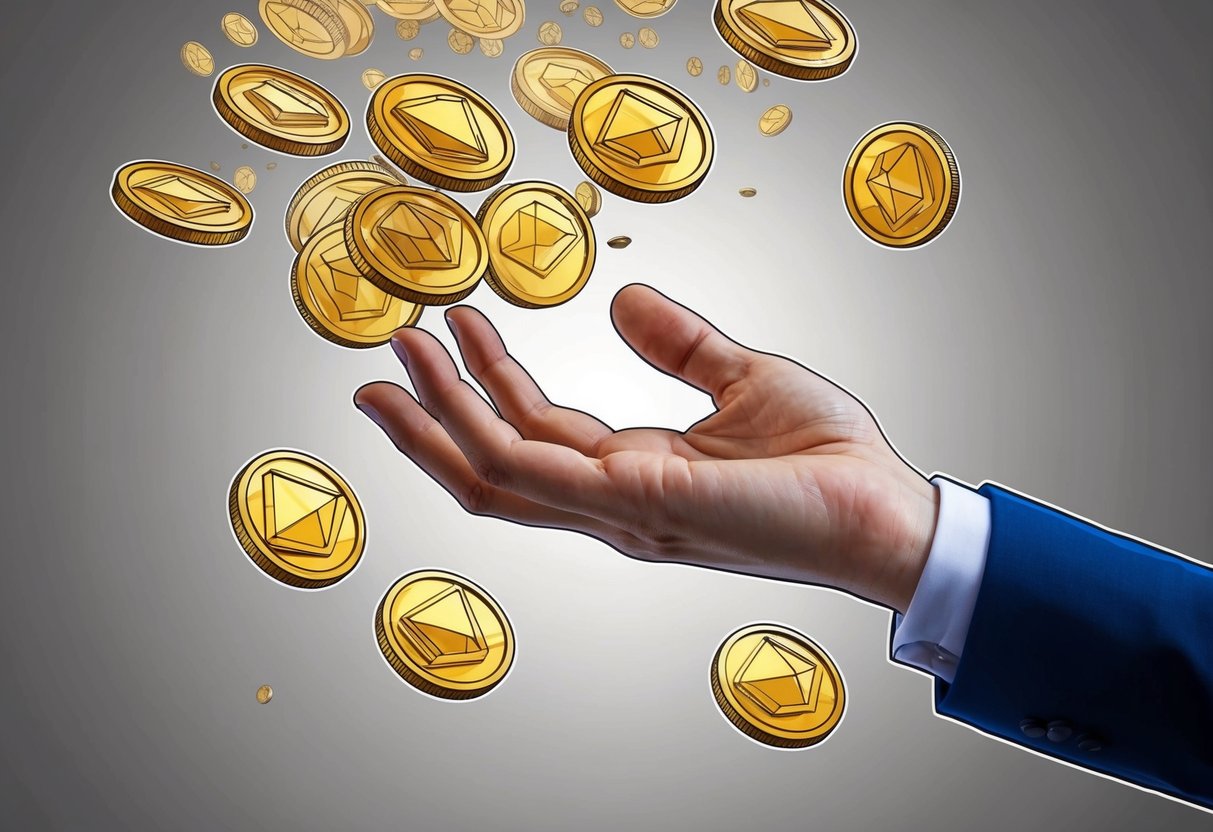 A hand reaching out to grab a cluster of Eden tokens floating in the air