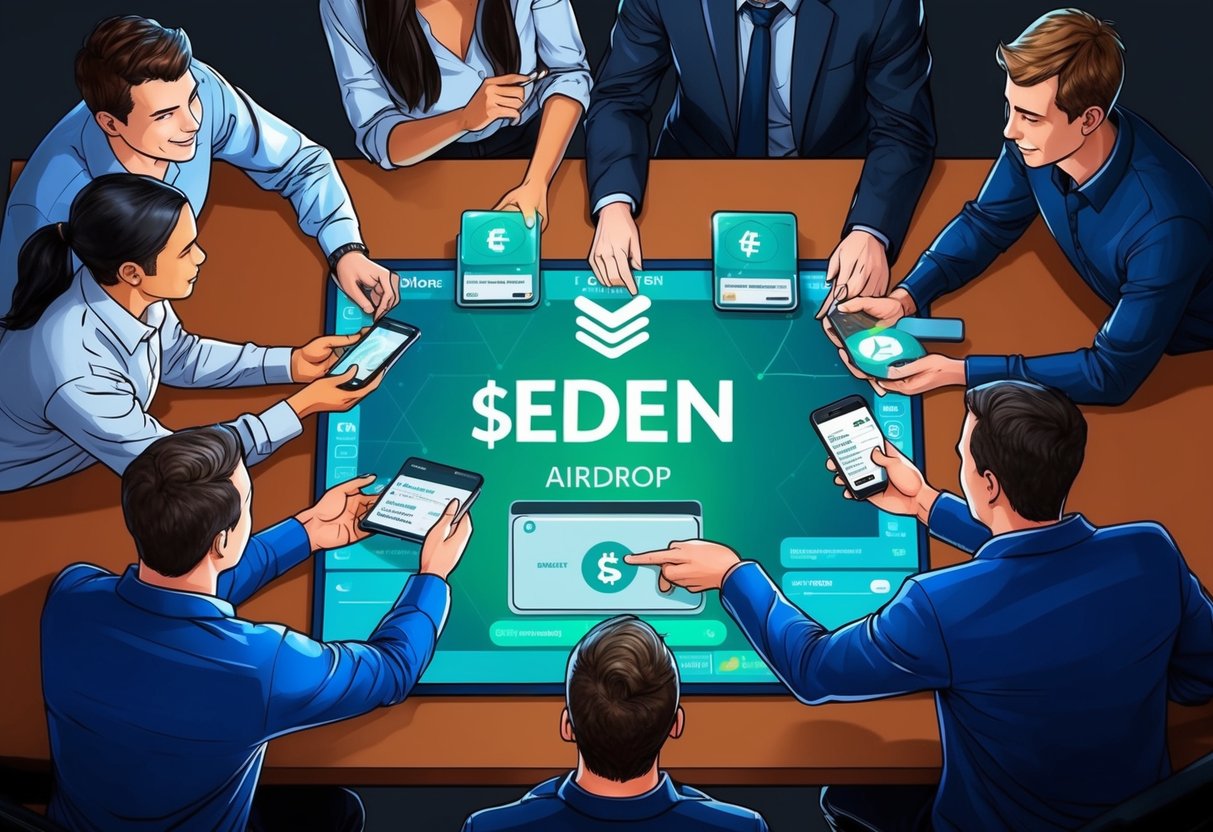 A group of people gathering around a digital wallet, exchanging information and discussing the $EDEN airdrop