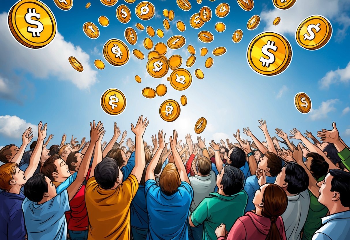 A crowd of people eagerly reaching out to receive Soneium tokens being dropped from the sky