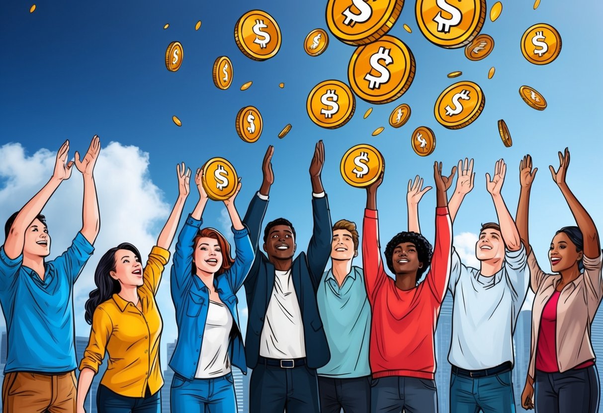 A group of diverse people eagerly reaching out to grab falling Soneium tokens from the sky