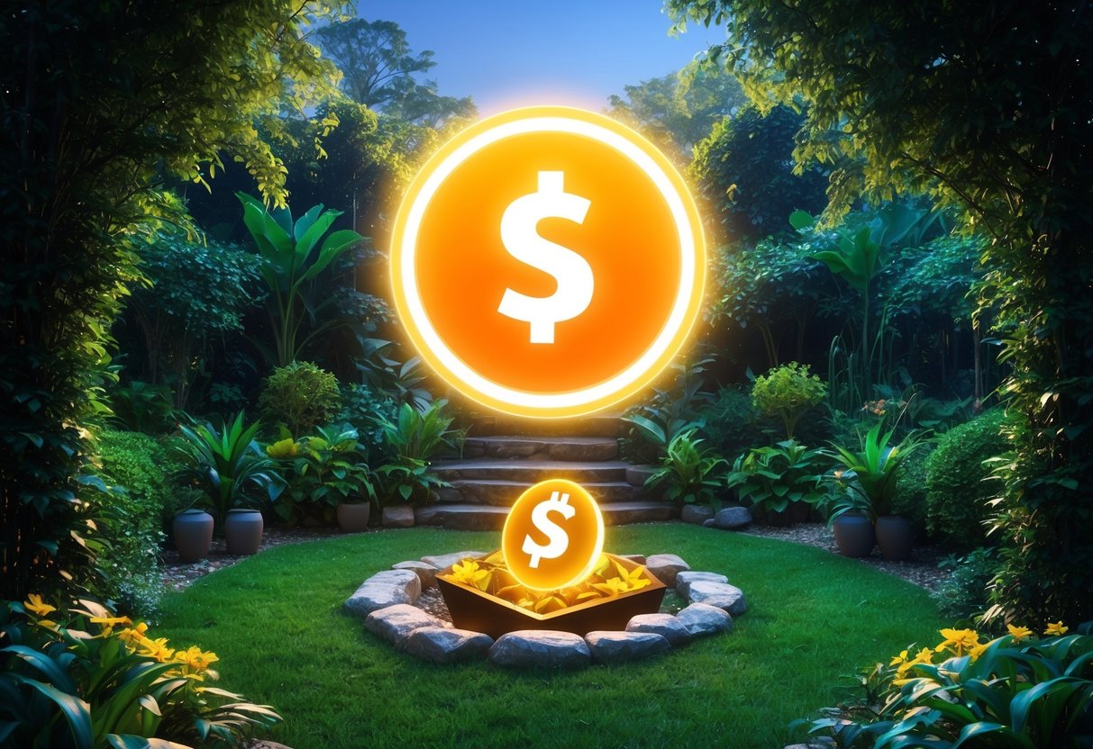 A lush garden with a glowing $EDEN symbol hovering above a hidden treasure