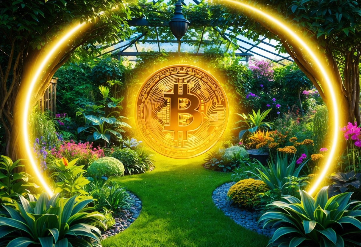 A lush, vibrant garden with diverse flora and fauna, surrounded by a glowing aura of discovery and opportunity