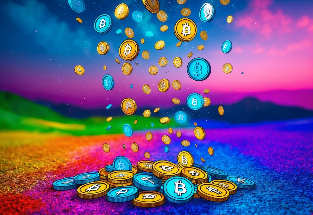 Colorful tokens raining down from the sky onto a vibrant, abstract landscape