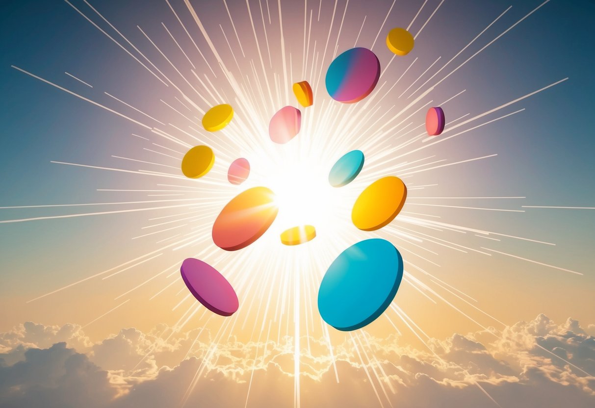 A group of colorful abstract shapes floating down from the sky, surrounded by a burst of radiant light