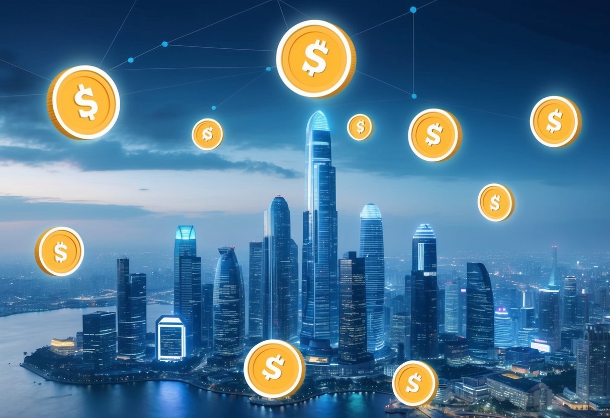 A futuristic city skyline with digital tokens floating in the air, symbolizing the impact of Soneium Token Utility and Ecosystem Airdrop