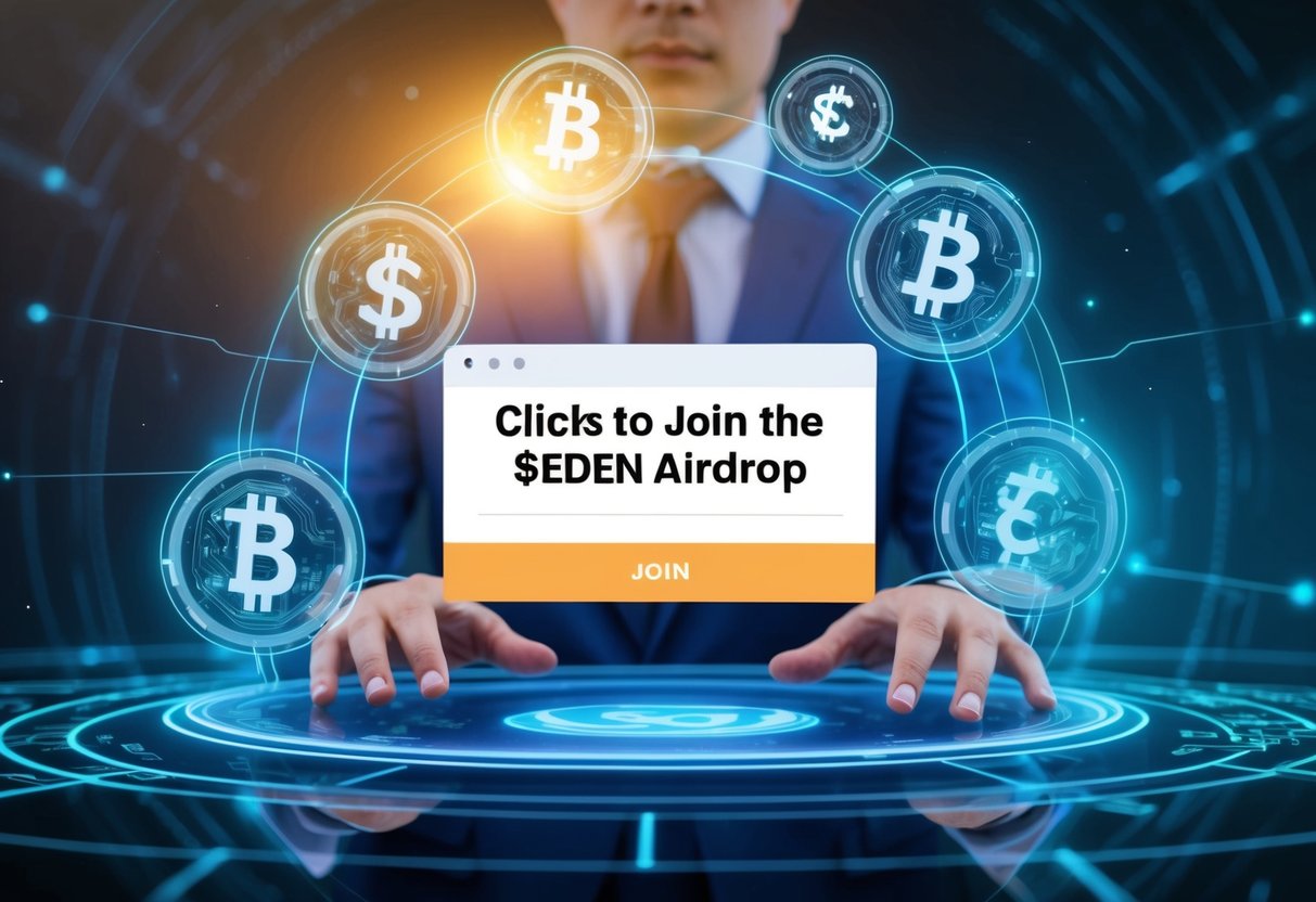 A person clicks a link to join the $EDEN Airdrop, surrounded by digital currency symbols and a glowing, futuristic background