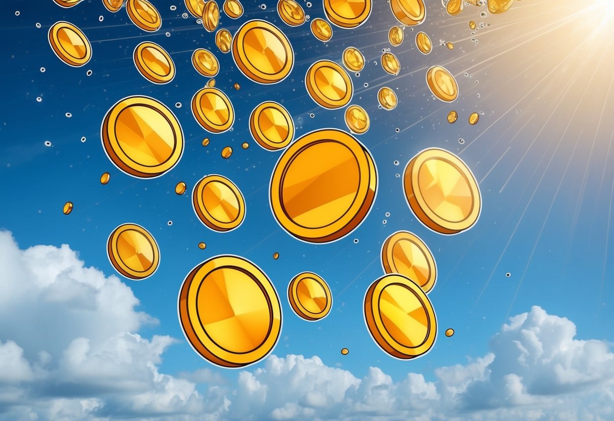 A group of abstract tokens raining down from the sky, with a clear distribution strategy in place