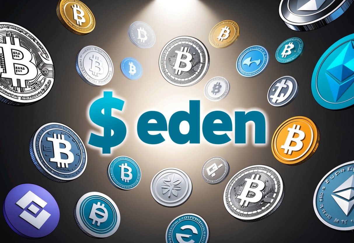 A group of diverse cryptocurrency symbols and logos floating in the air, with a spotlight shining on the $EDEN symbol at the center
