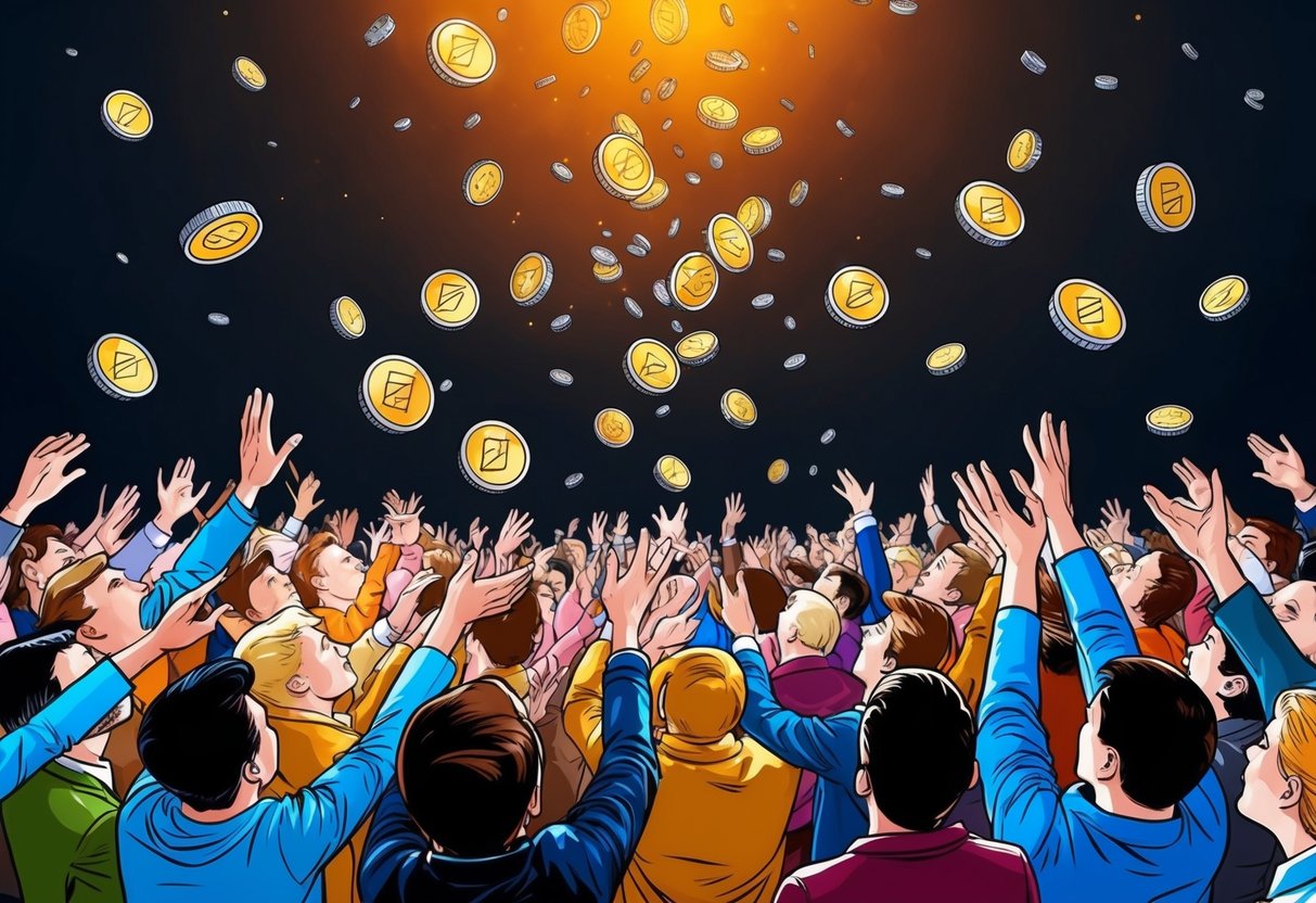 A crowd of people eagerly reaching out to catch falling abstract tokens from the sky during an airdrop event