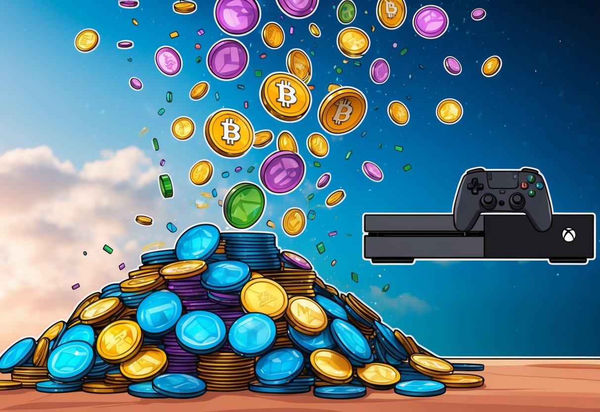 A pile of colorful tokens raining down from the sky, with a gaming console and controller in the background