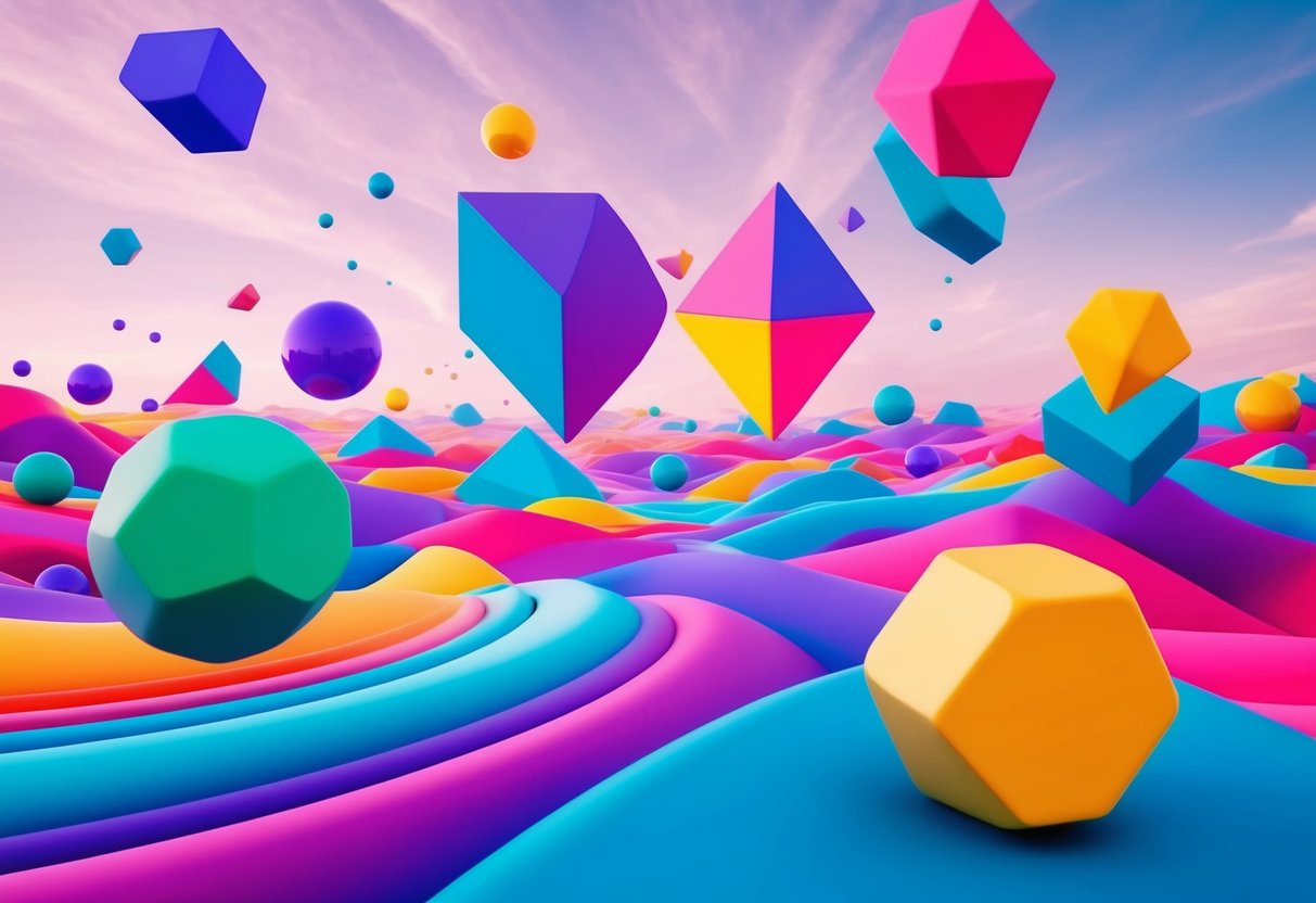 Vibrant colors and geometric shapes float in a surreal, dreamlike landscape, with swirling patterns and dynamic movement