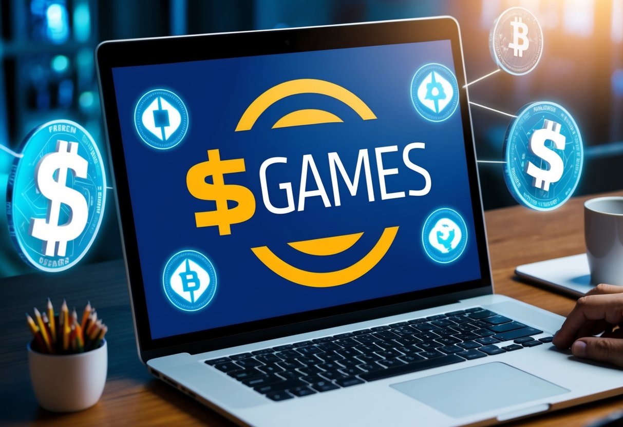 A computer screen displaying the $GAMES logo surrounded by various symbols representing eligibility criteria