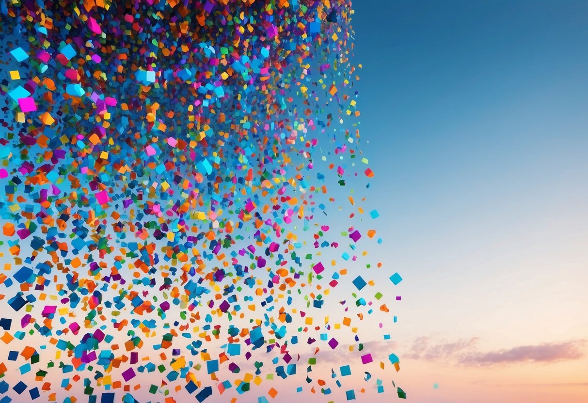 A colorful array of geometric shapes cascading from the sky in a chaotic yet harmonious pattern