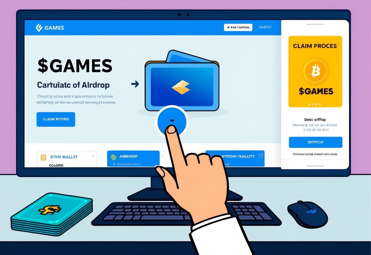 A person clicking on a button to participate in a $GAMES airdrop, with a digital wallet and a computer screen displaying the claim process