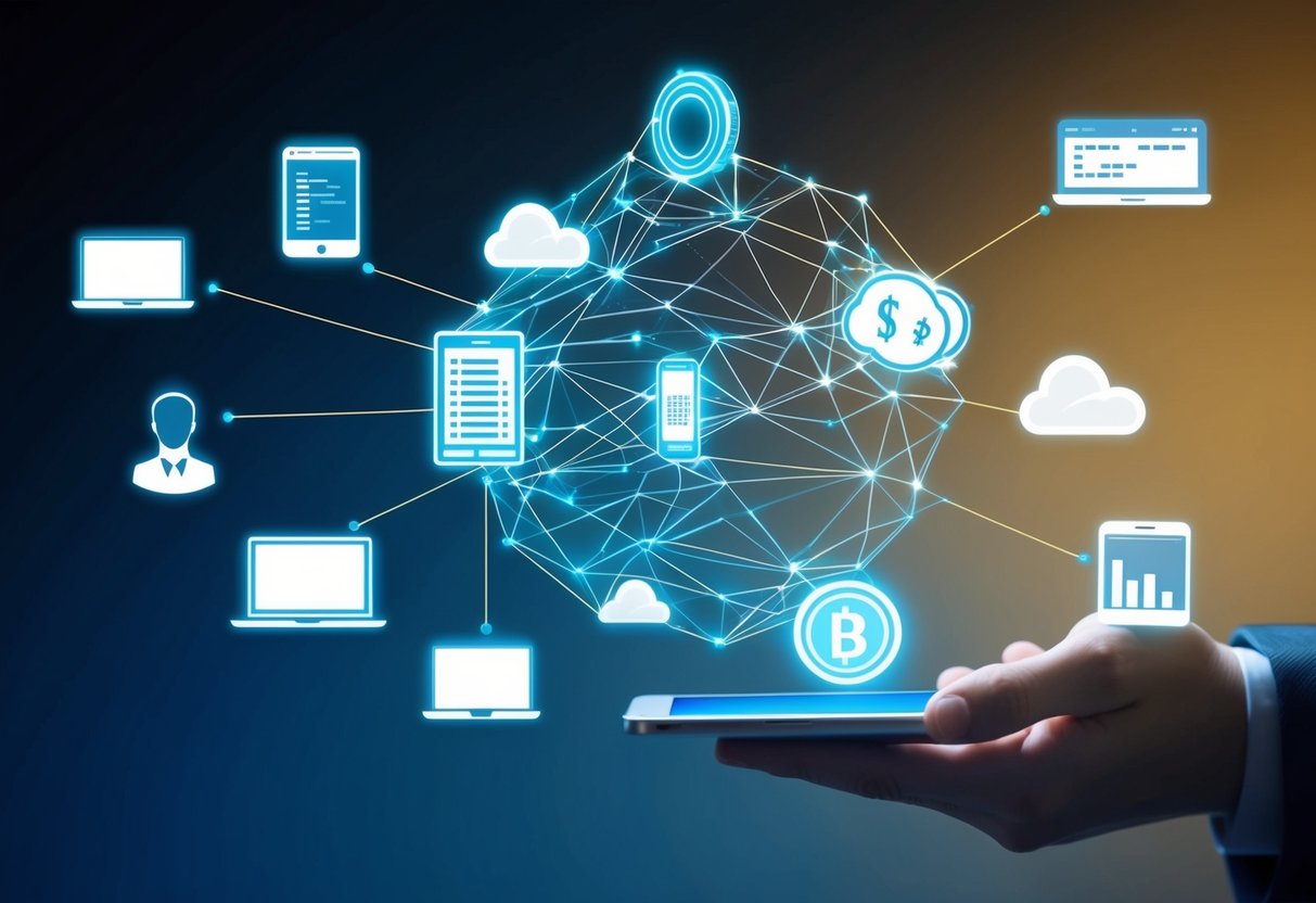 A network of interconnected devices sending digital data through the air