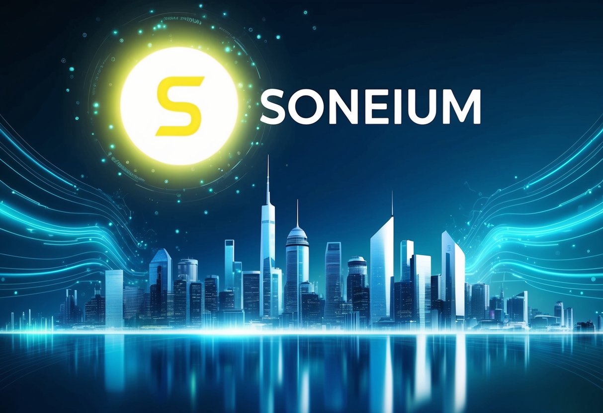A futuristic city skyline with a glowing Soneium logo hovering in the sky, surrounded by digital particles and energy waves