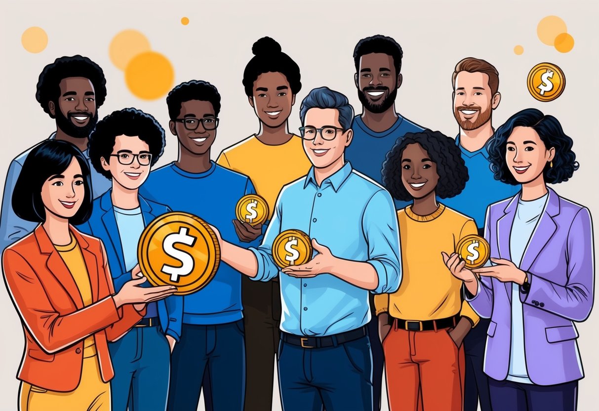 A group of diverse individuals receiving Soneium tokens through a digital airdrop mechanism, illustrating eligibility and distribution