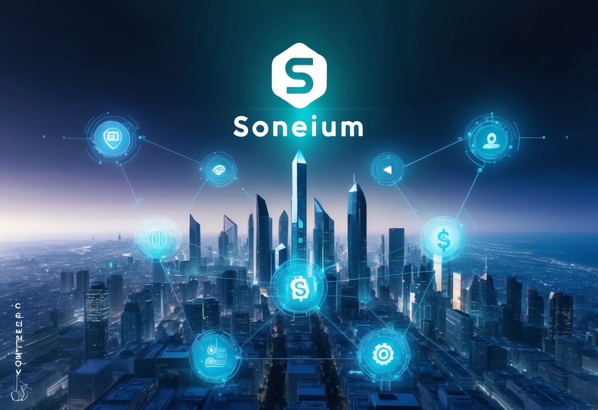 A futuristic cityscape with Soneium's logo hovering above, surrounded by a network of interconnected digital ecosystems