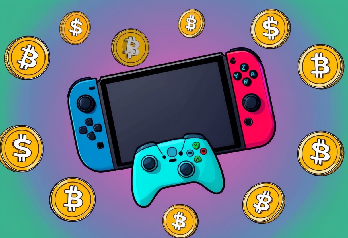 A colorful gaming console surrounded by floating $GAMES tokens