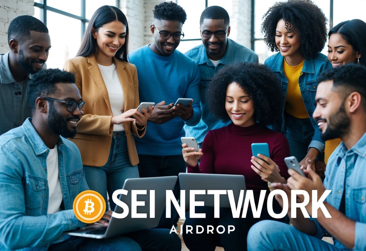 A group of diverse individuals interacting with digital devices to participate in the Sei Network Airdrop