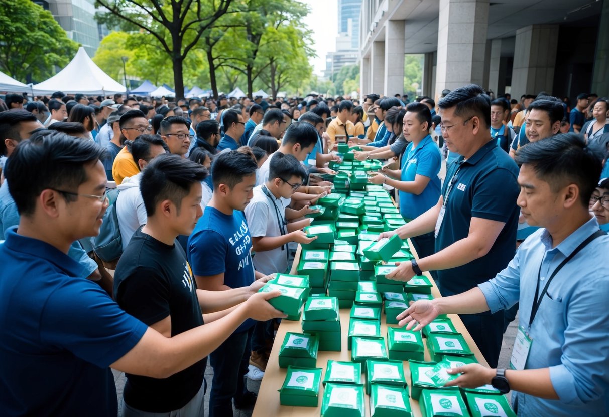 A group of people receiving airdrop packages in a crowded outdoor setting, with organizers directing the distribution and attendees eagerly awaiting their turn