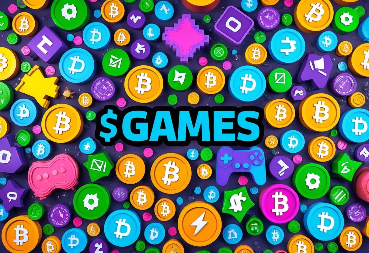 A colorful array of game-themed items and symbols, surrounded by floating $GAMES tokens