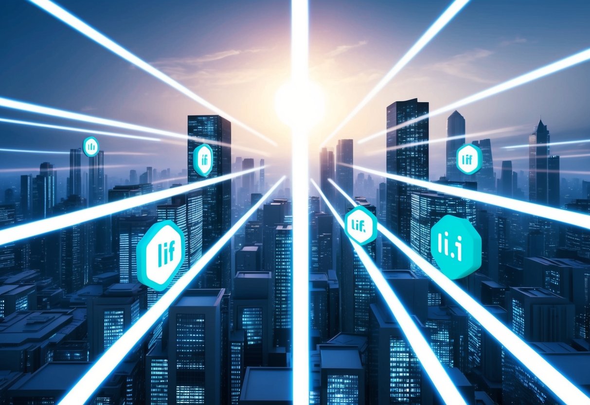 A futuristic cityscape with light beams transmitting data between buildings, symbolizing the LI.FI protocol and LIFI token airdrop