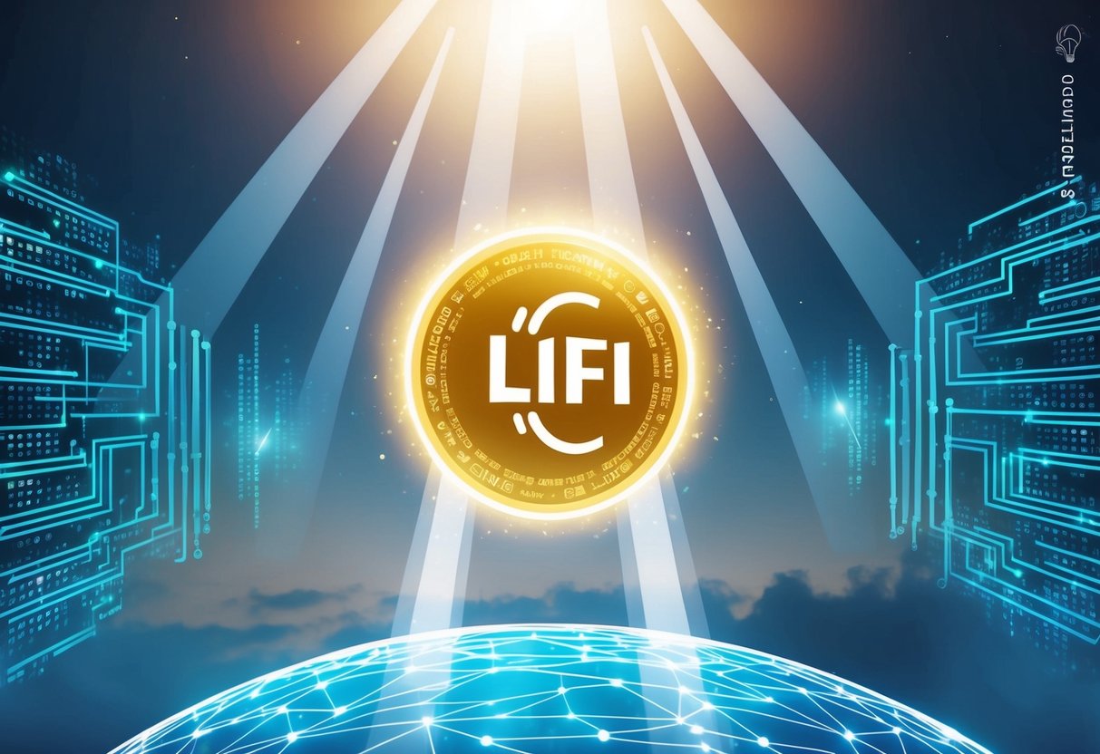 A glowing LIFI token floating down from the sky, surrounded by beams of light and digital data streams