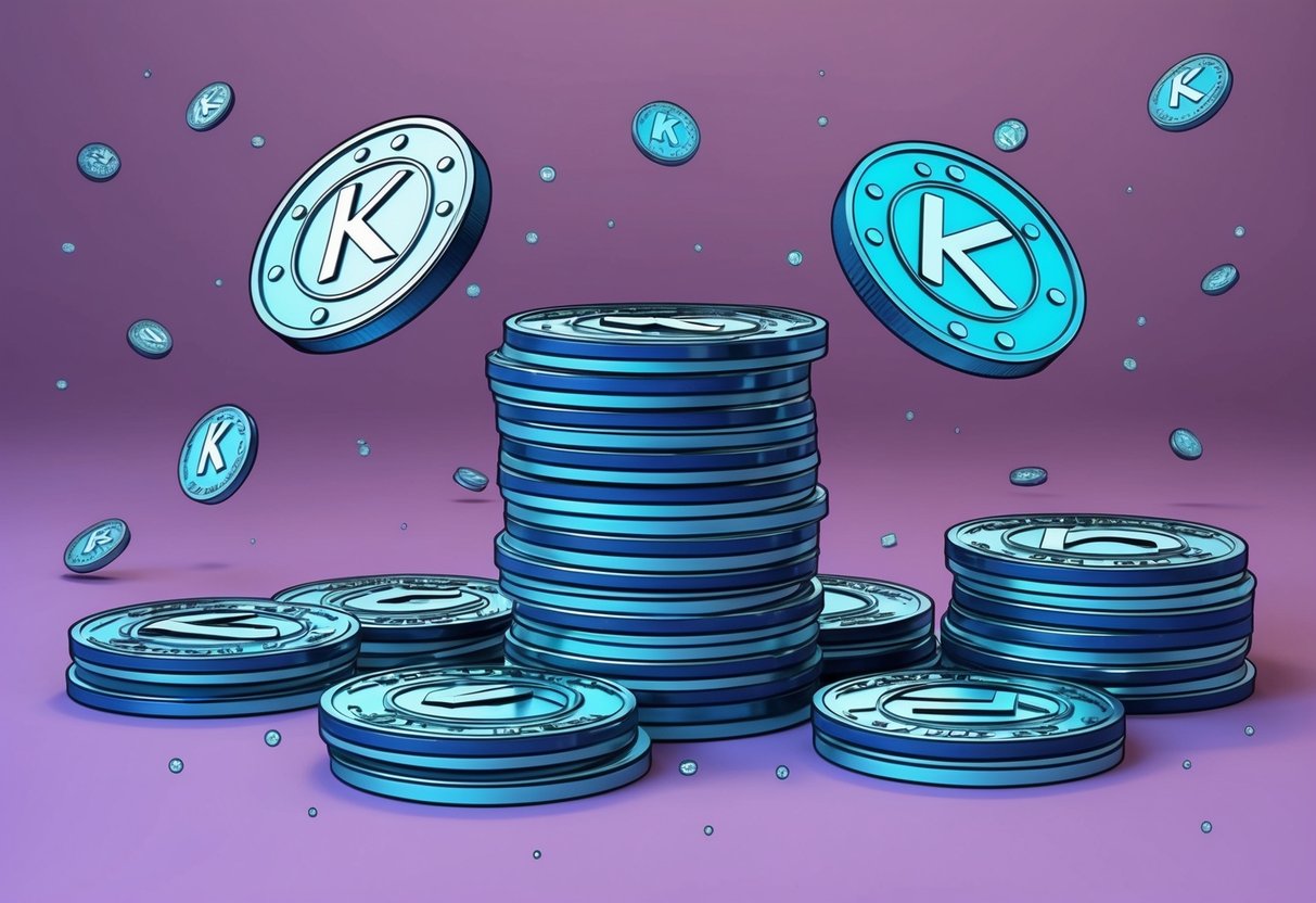 A stack of Karak tokens surrounded by floating airdrop rewards
