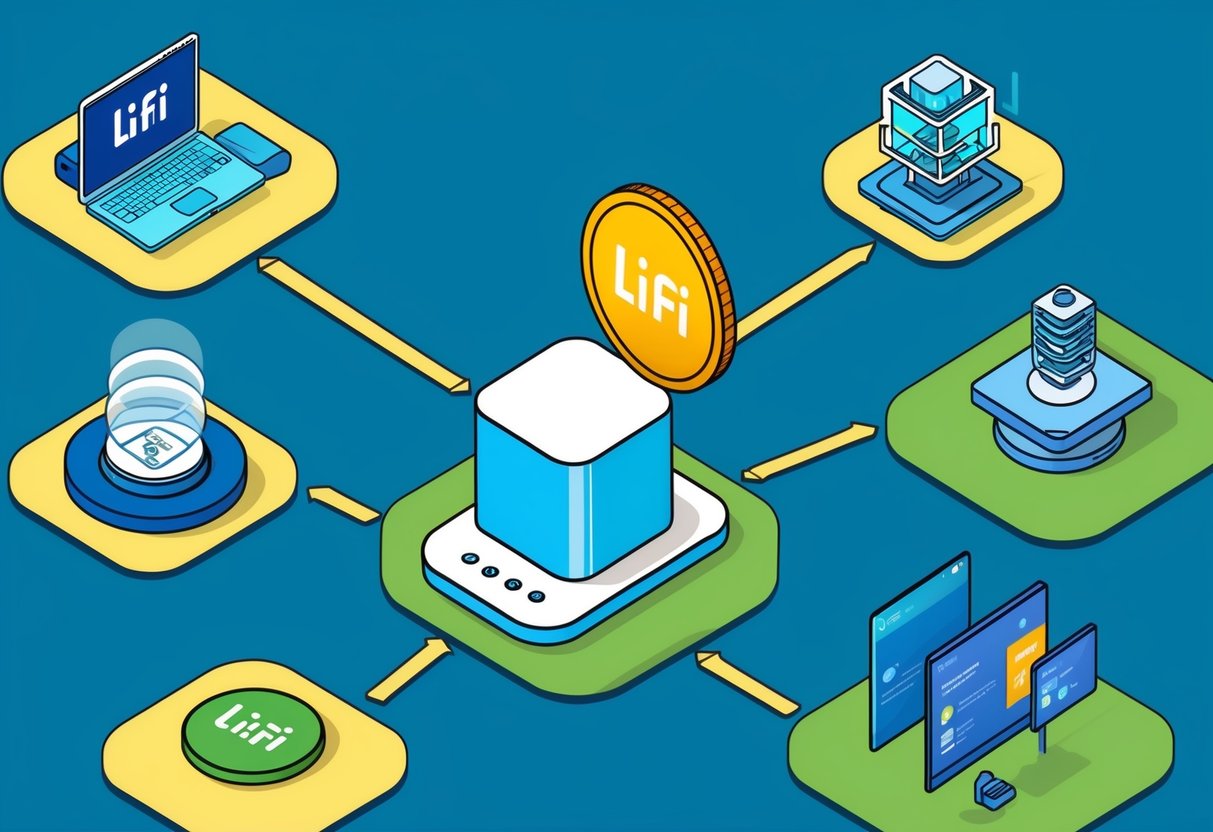A vibrant ecosystem with various devices and use cases connected through the LI.FI protocol, with the LIFI token symbolically airdropping onto them