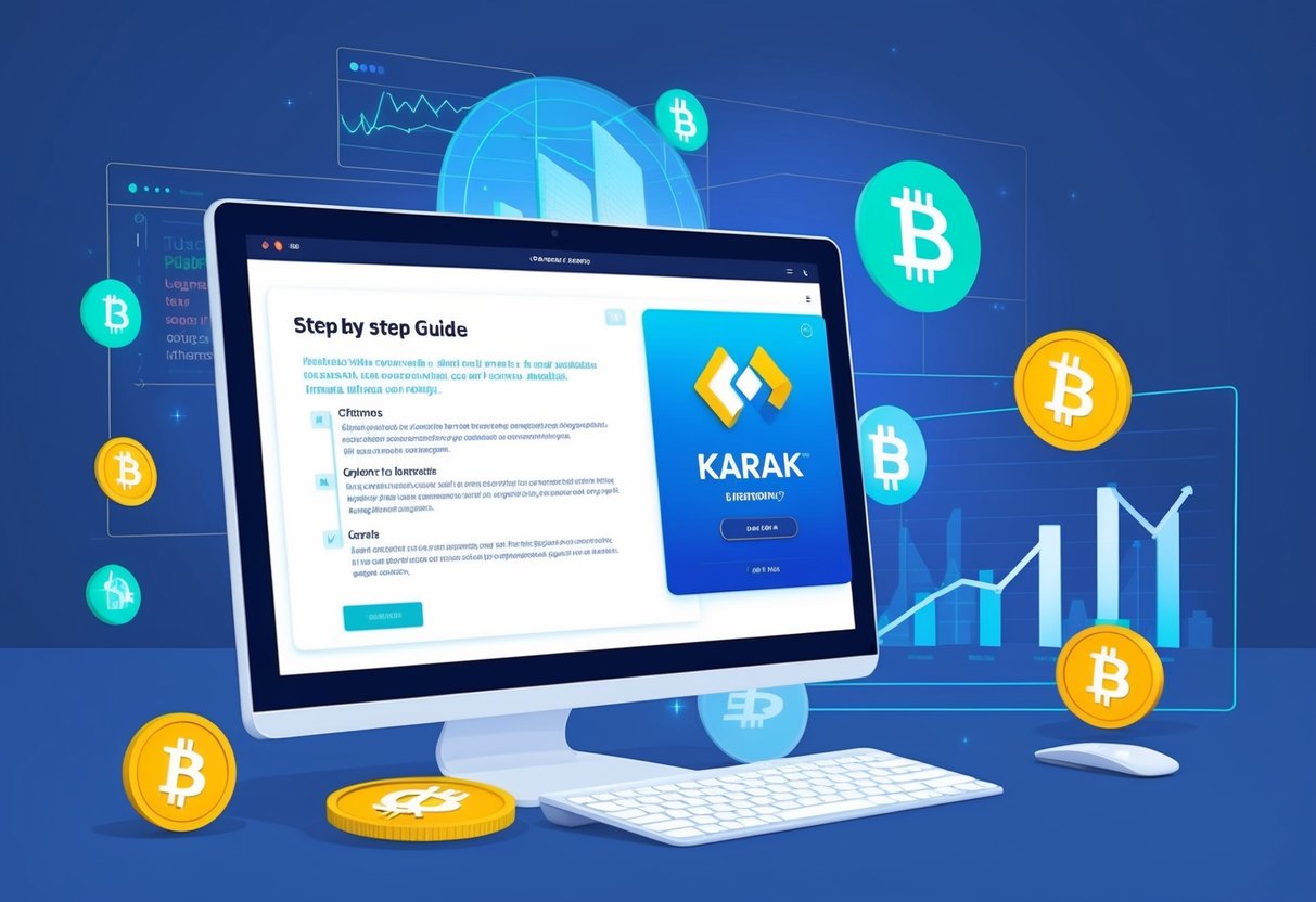 A computer screen displaying a step-by-step guide with Karak logo and staking information, surrounded by digital currency symbols and graphs