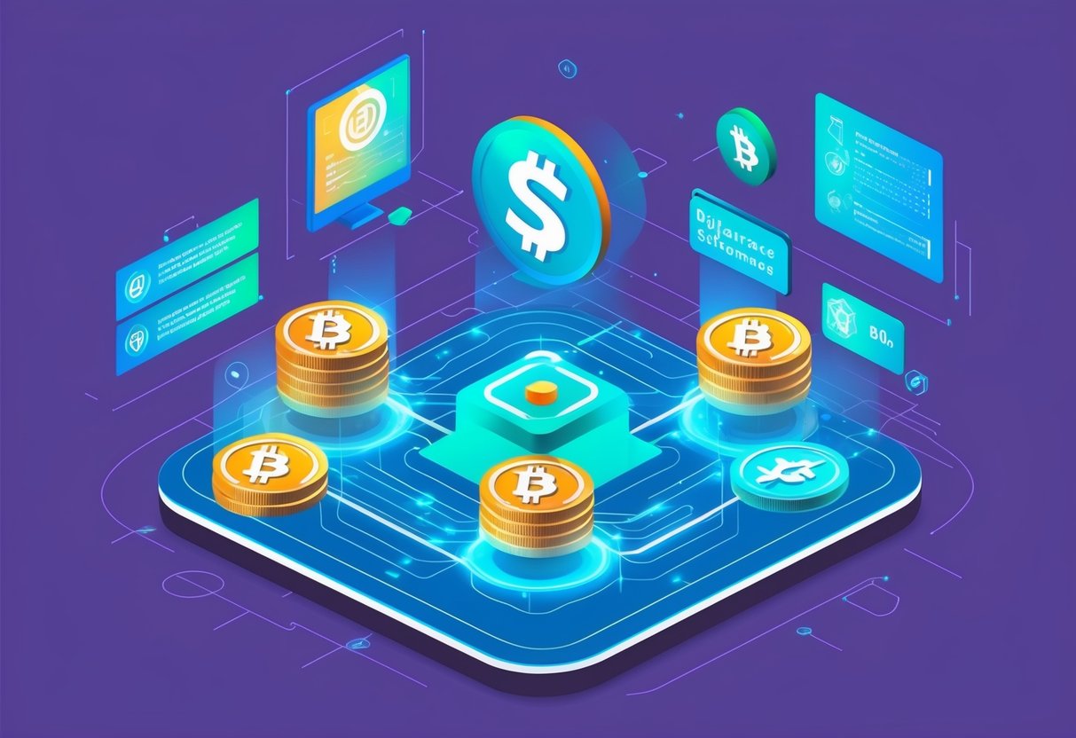 A dynamic illustration of digital assets being strategically staked and distributed, with performance factors visually represented