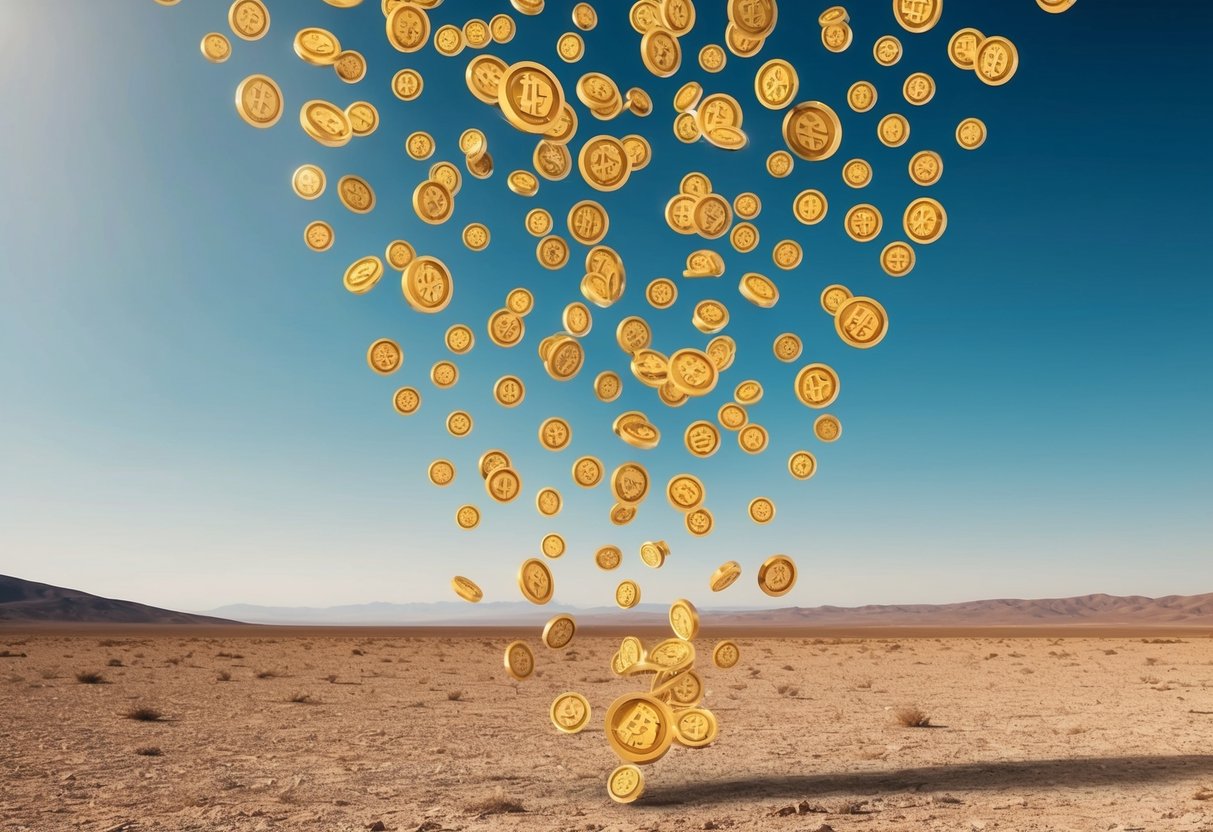 A group of futuristic tokens raining down from the sky onto a barren landscape