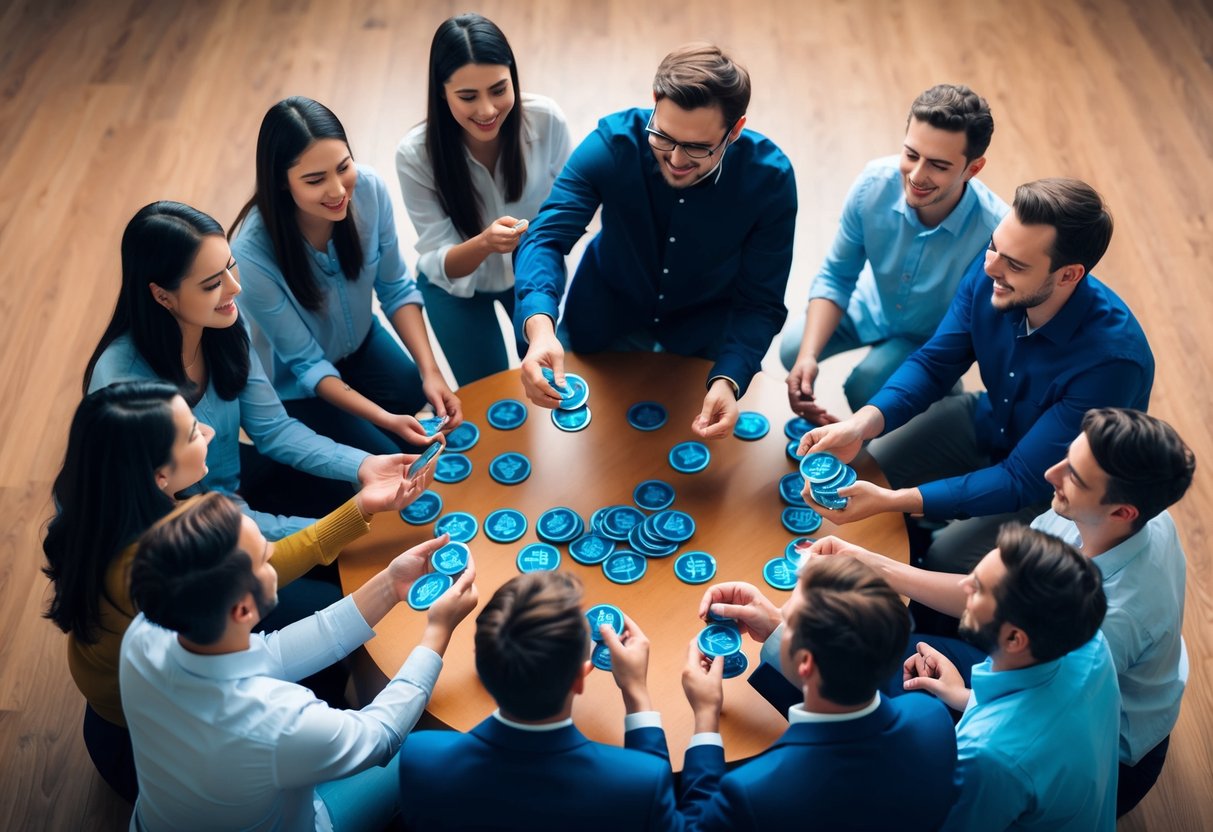 A group of people gather in a circle, with a person in the center distributing tokens to the others. The scene is filled with excitement and anticipation
