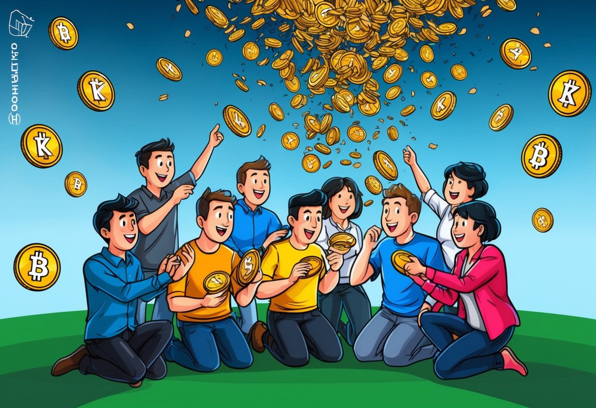 A group of people eagerly staking their Karak tokens, surrounded by a flurry of airdropped tokens falling from the sky
