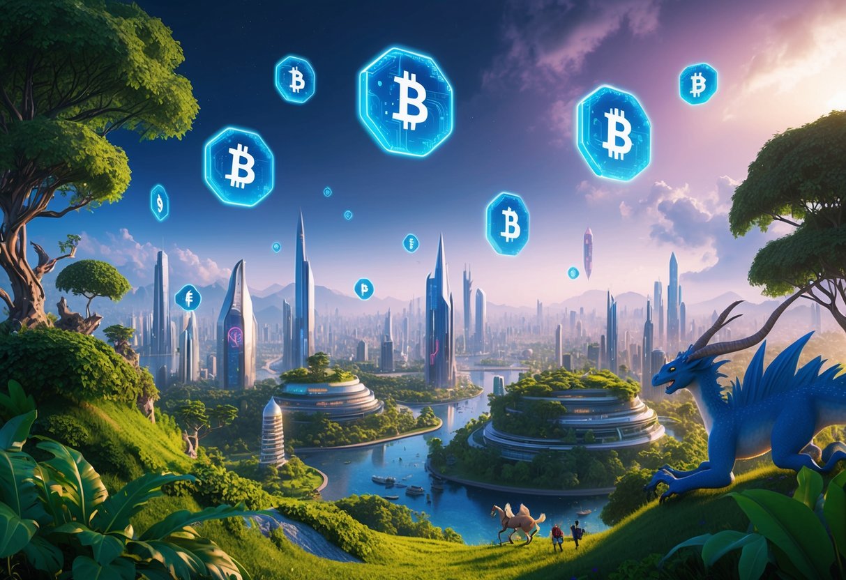 A vibrant, futuristic cityscape with blockchain symbols floating in the air, surrounded by lush greenery and populated by fantastical creatures