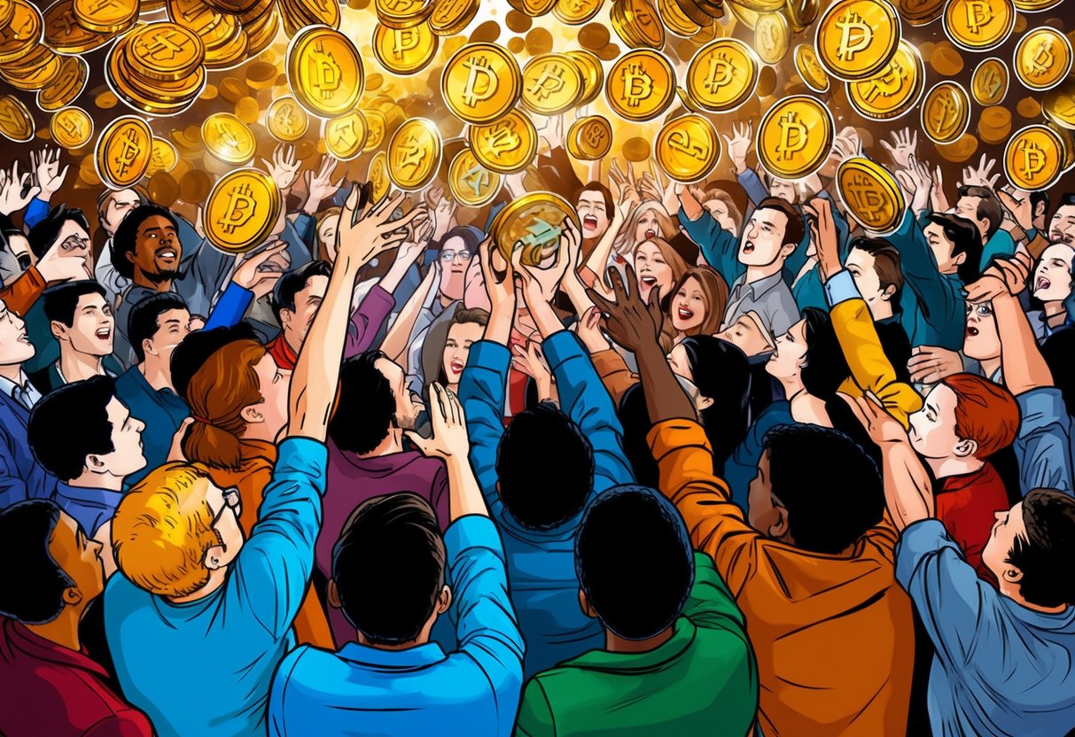 A crowd of people reaching up towards falling tokens