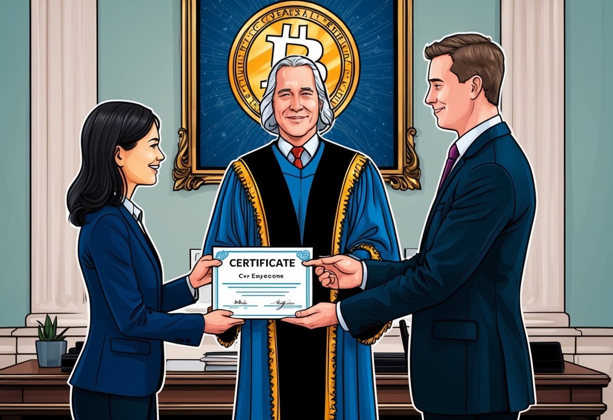 A person receiving a certificate from a figure in a formal setting