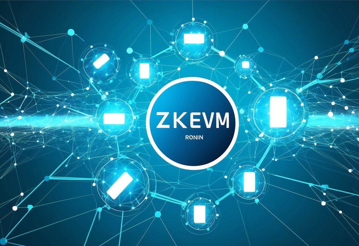 A futuristic network of interconnected nodes with data flowing between them, representing the technical advantages of zkEVM and interoperability for the Ronin zkEVM Token airdrop