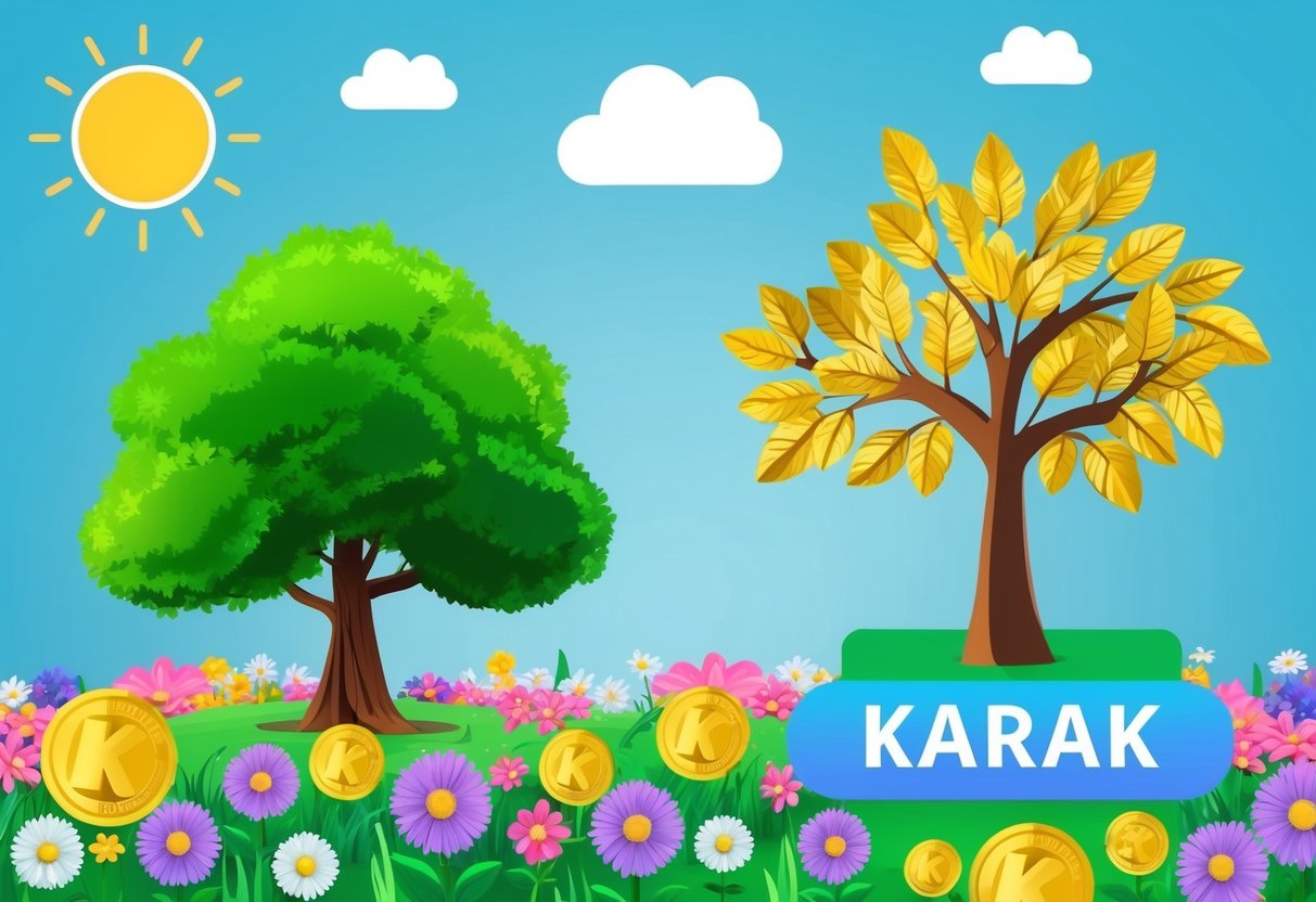 A vibrant garden with blooming flowers, a shining sun, and a tree with golden leaves, symbolizing the benefits and innovation of Karak Staking Airdrop