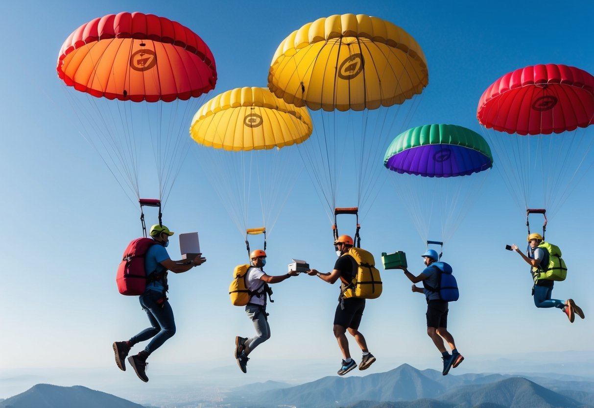 A group of colorful parachutes descending from the sky, exchanging items mid-air