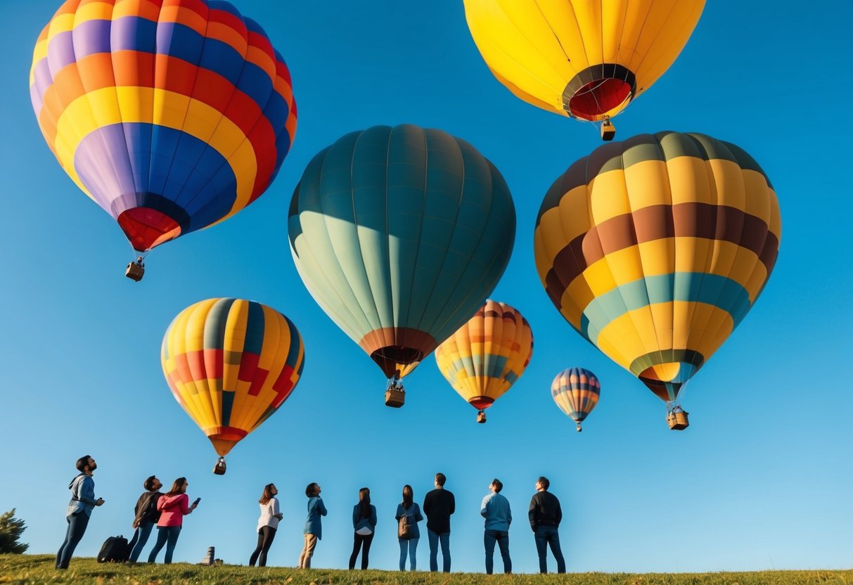 A group of colorful hot air balloons floating in a clear blue sky, with people below looking up in awe