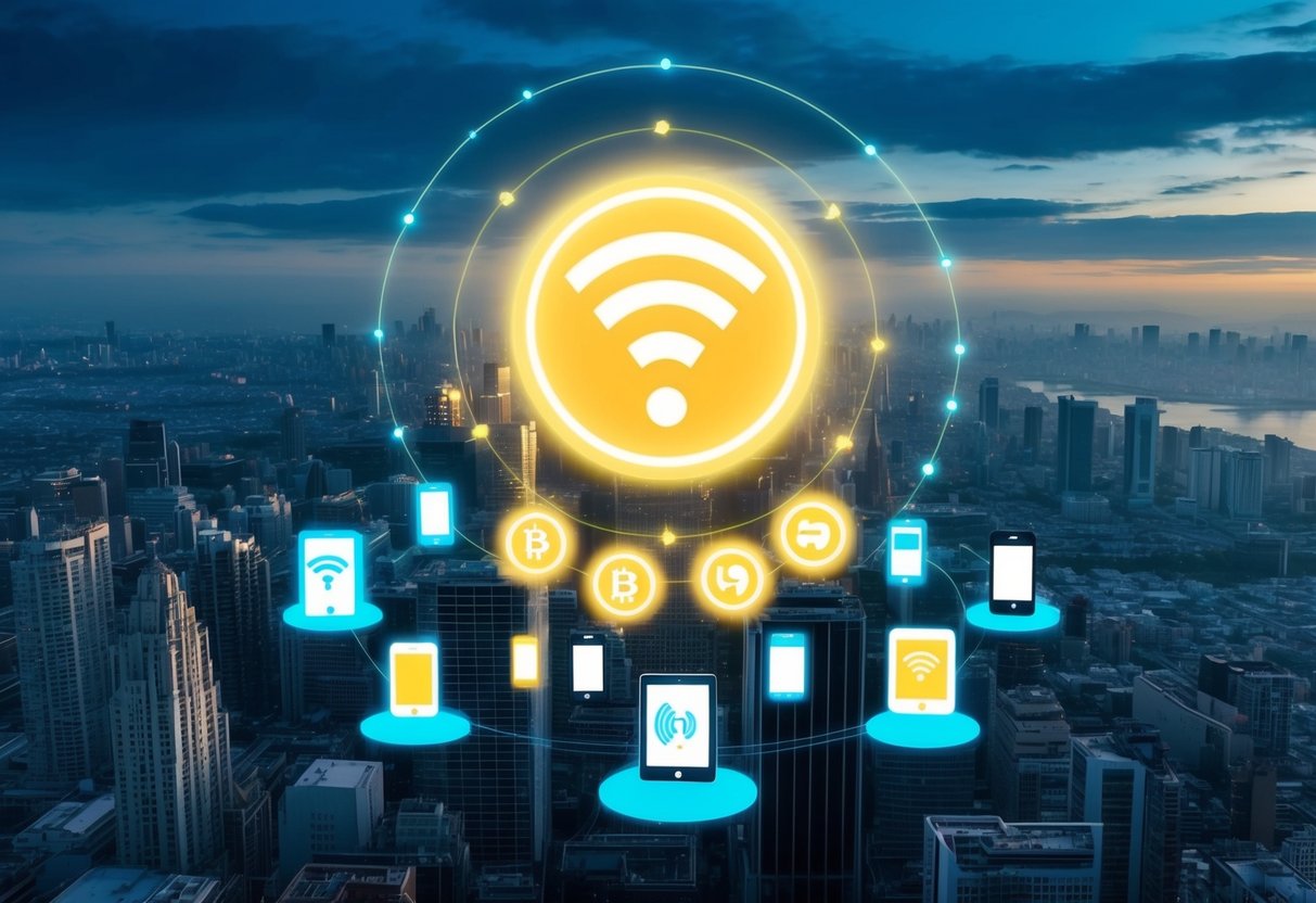A glowing LIFI device hovers above a bustling city, emitting beams of light to transfer data to various electronic devices below