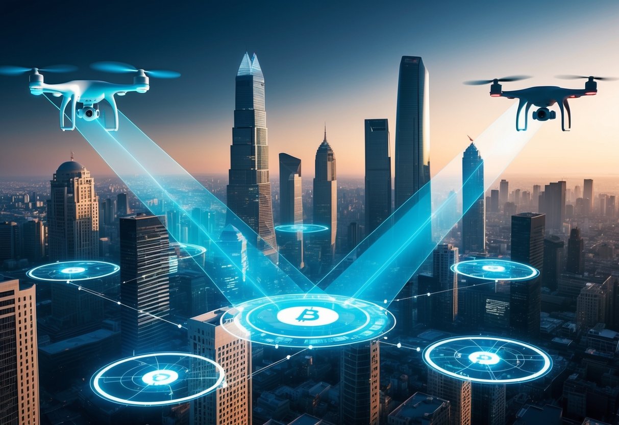 A futuristic cityscape with buildings and drones transferring data through beams of light