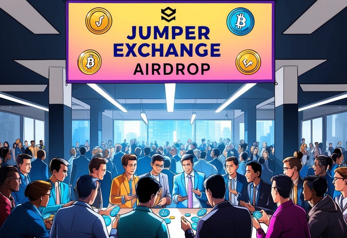 A group of people exchanging tokens in a crowded space, with a banner overhead promoting the Jumper Exchange Airdrop
