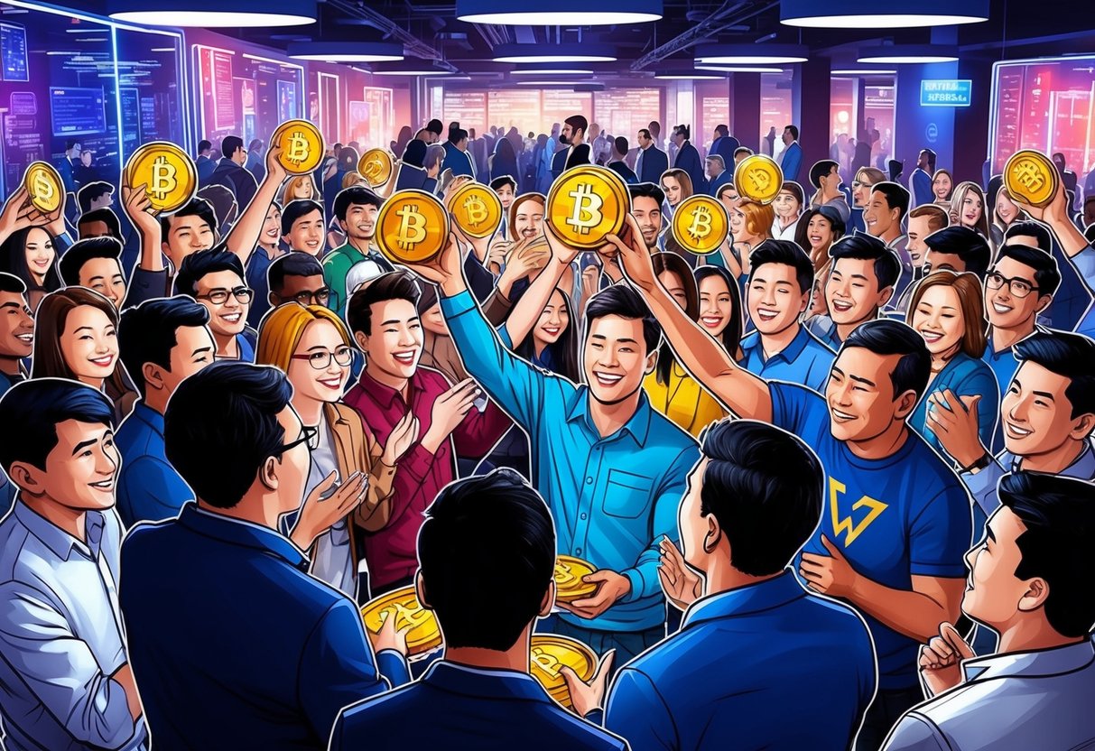 A crowd of people eagerly receiving airdrop rewards at a bustling cryptocurrency exchange