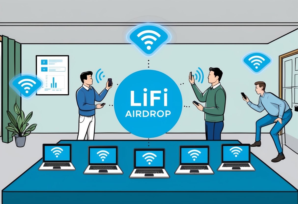 A room with multiple electronic devices receiving data from a central LIFI airdrop transmitter, while other wireless technologies struggle to maintain signal strength